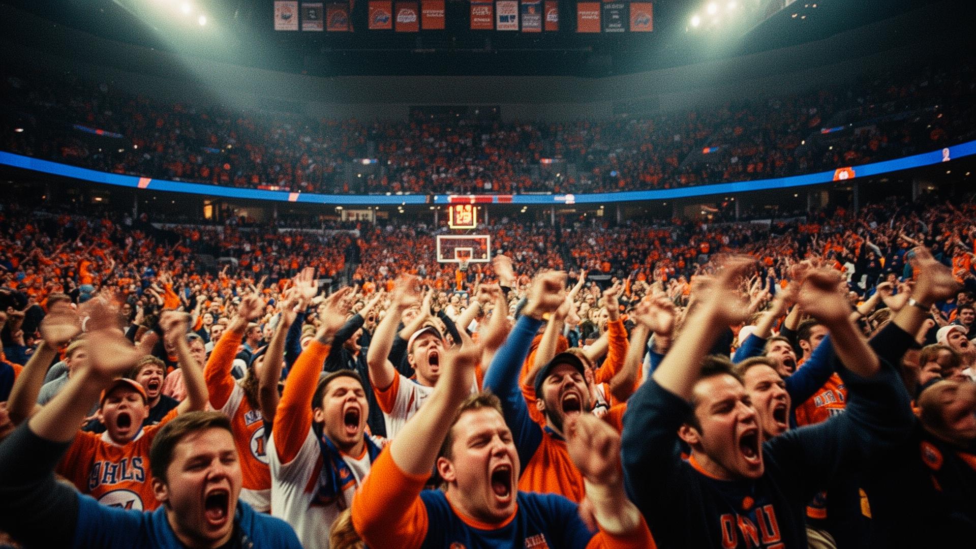 Arena crowd roaring in orange and blue