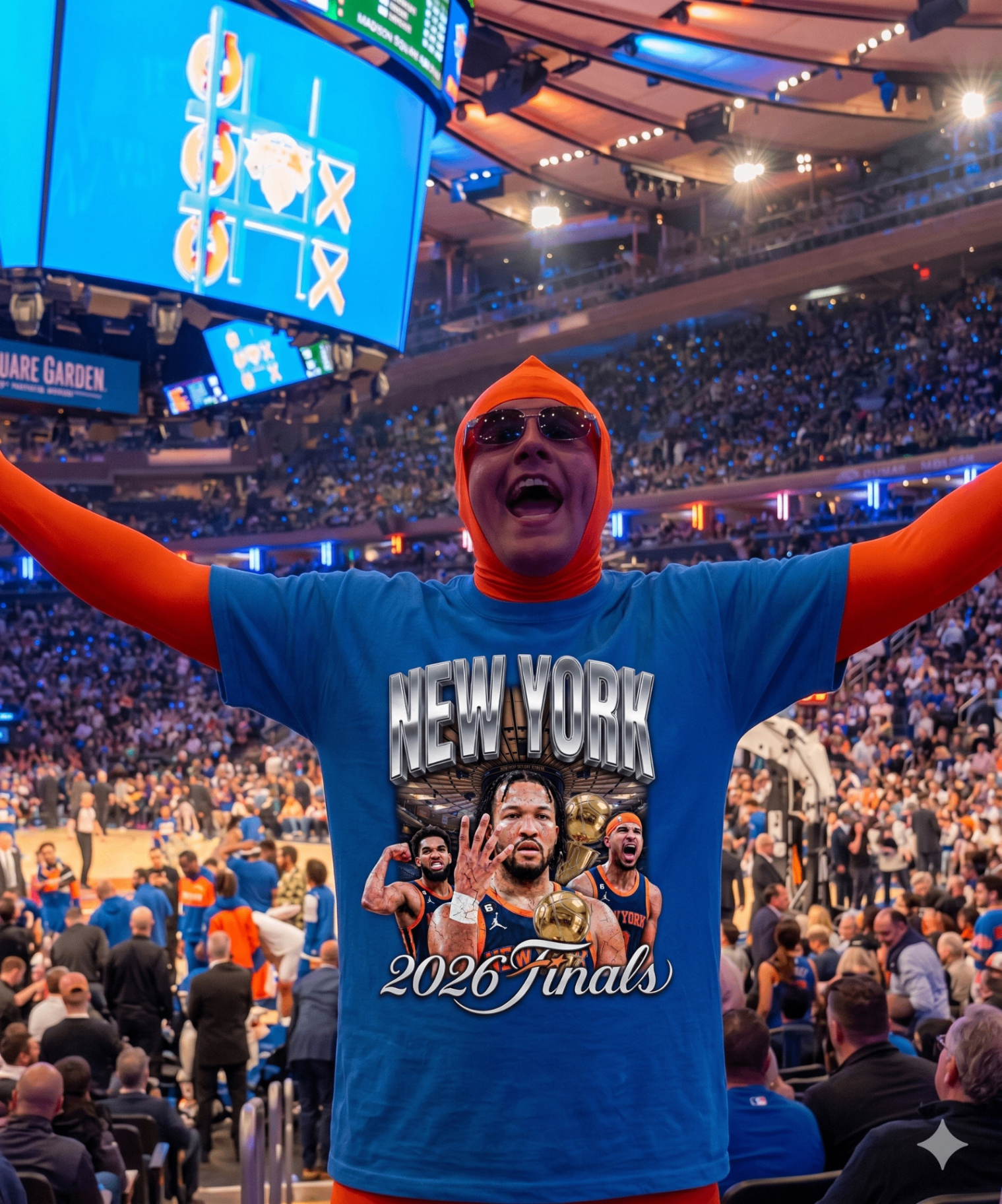 Knicks fan in orange and blue celebrating inside Madison Square Garden