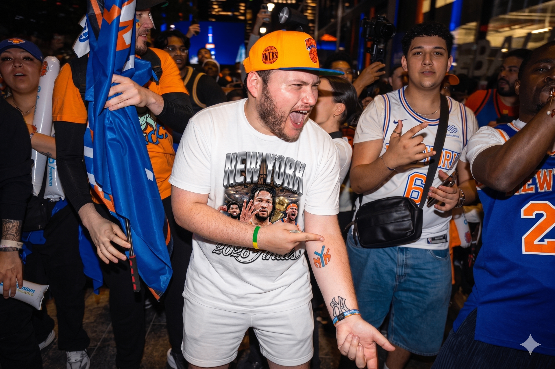 Knicks fan in 2026 Finals tee outside Madison Square Garden